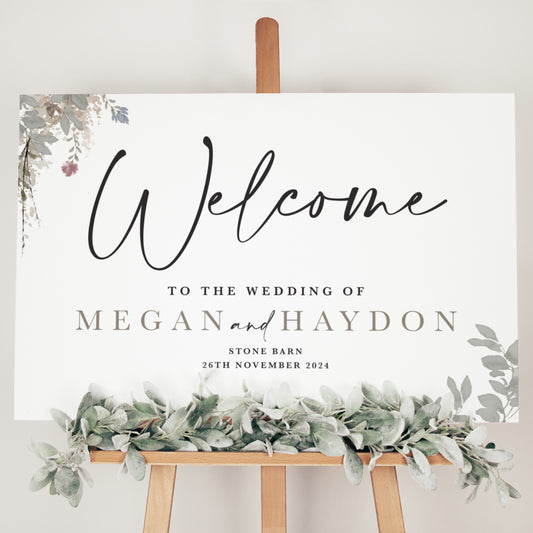 wedding welcome sign featuring sage green foliage 