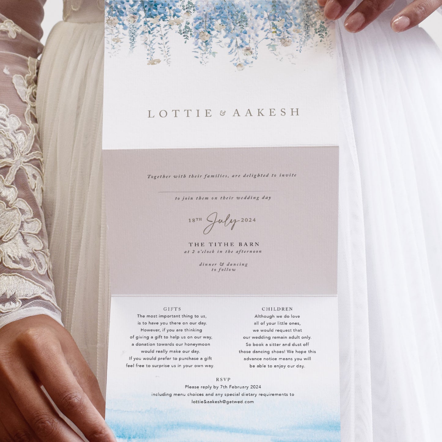 destination wedding invites in dusky blue