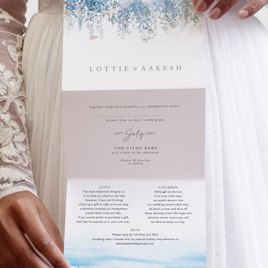destination wedding invites in dusky blue