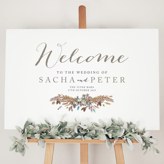 autumn foliage wedding welcome sign for a rustic wedding