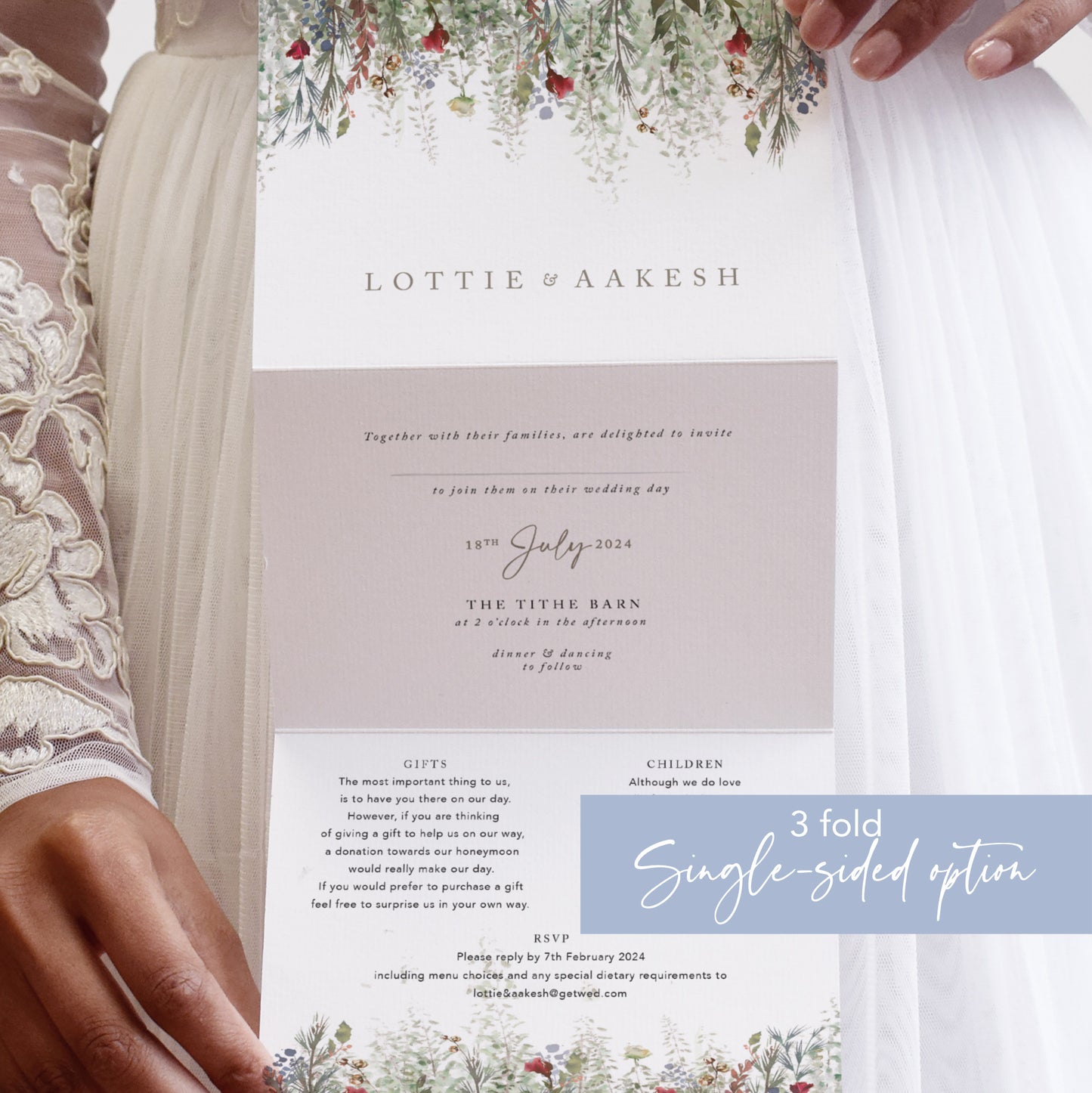 sage green foliage and red roses wedding invitations