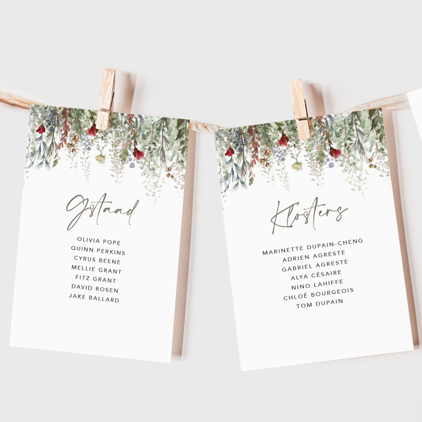 Whimsical Noel Wedding Seating Plan Cards