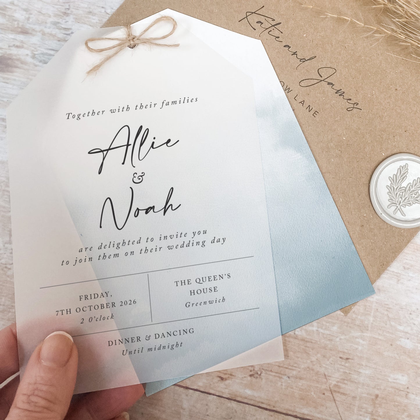 Ocean Blue Vellum Tag Wedding Invitation