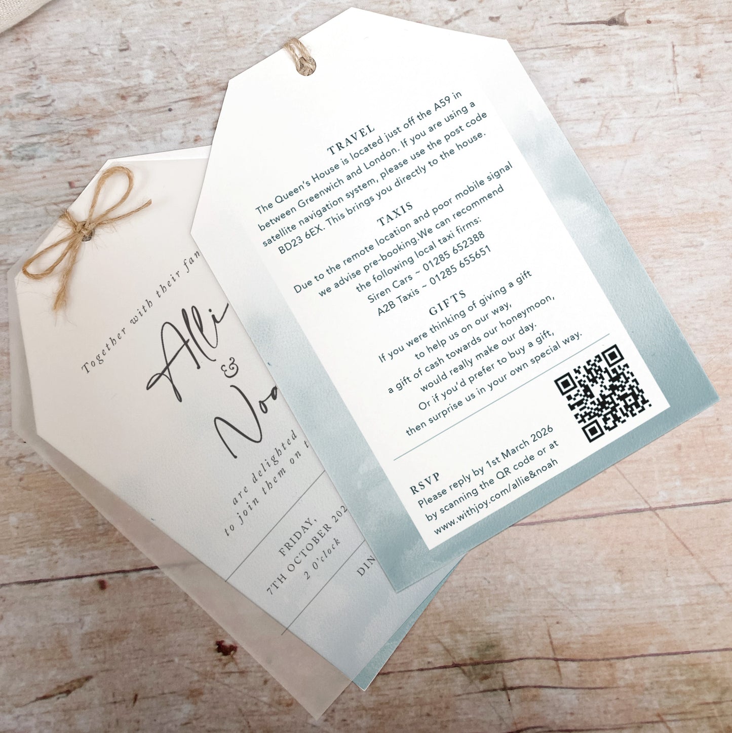 Ocean Blue Vellum Tag Wedding Invitation