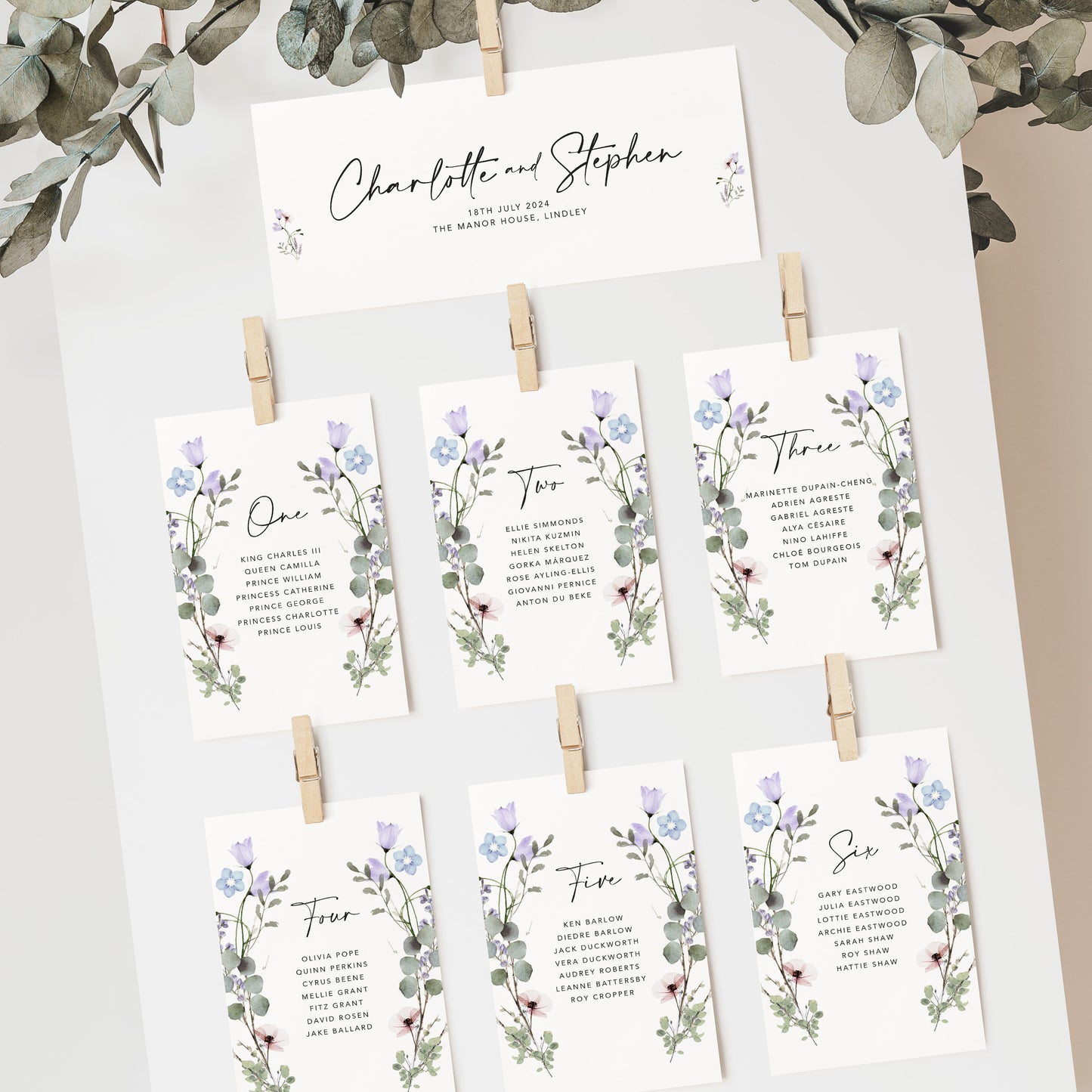 Periwinkle Floral Wedding Seating Plan Cards