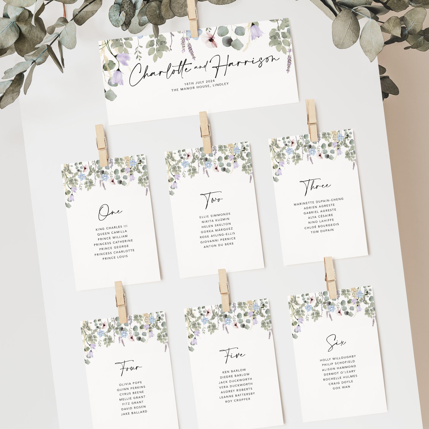 Periwinkle Foliage Wedding Seating Plan Cards