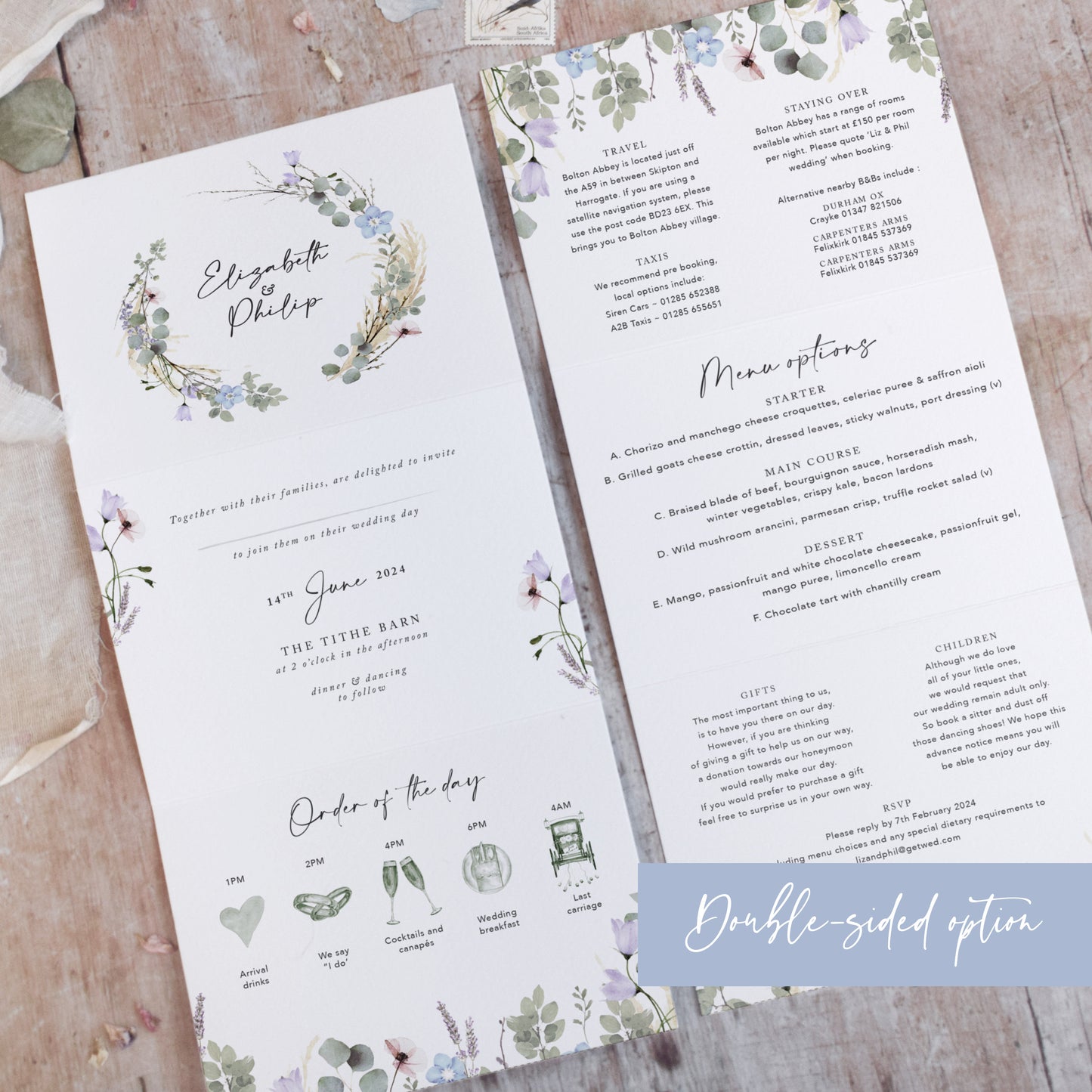 Periwinkle Wreath 3 Fold Concertina Wedding Invitation