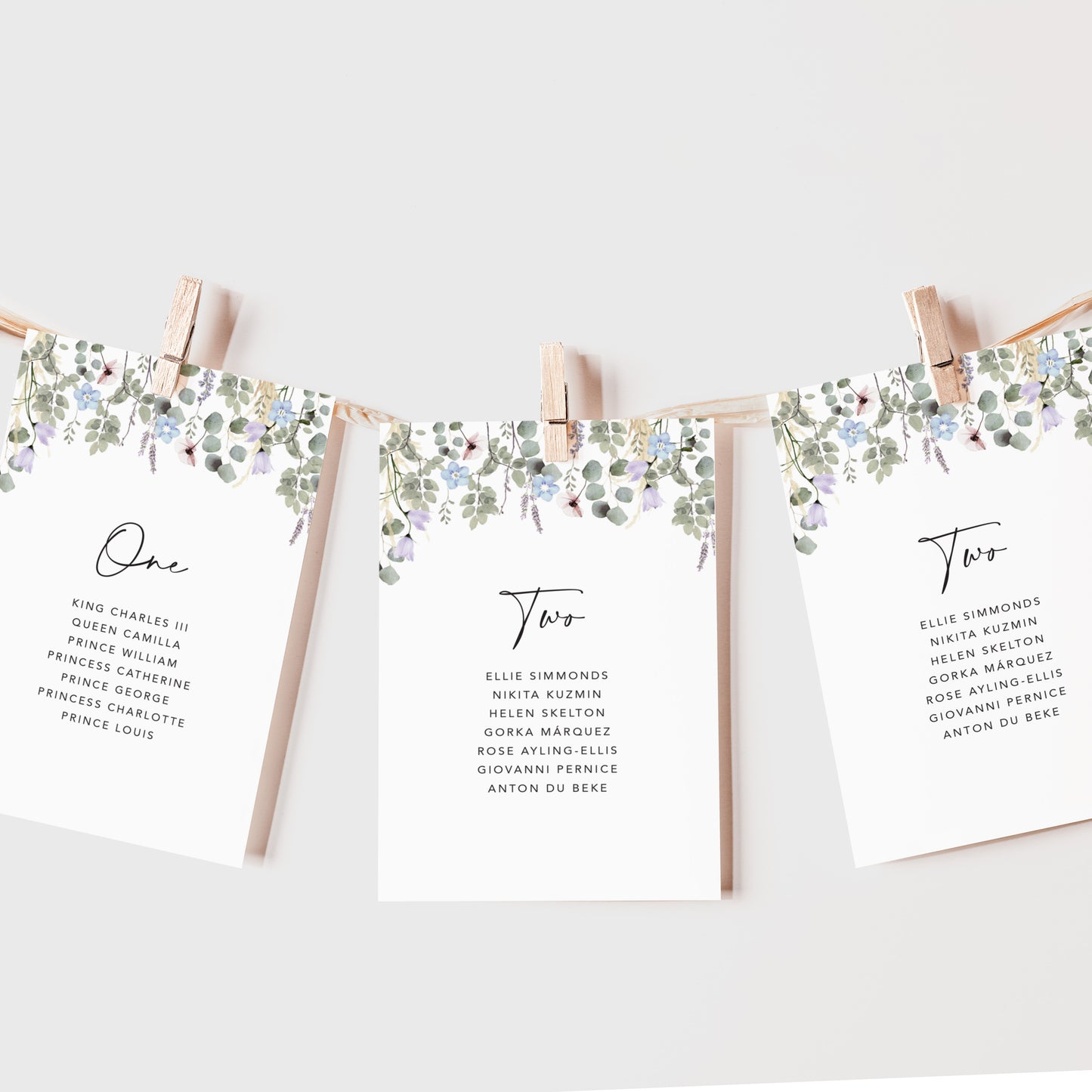 Periwinkle Foliage Wedding Seating Plan Cards