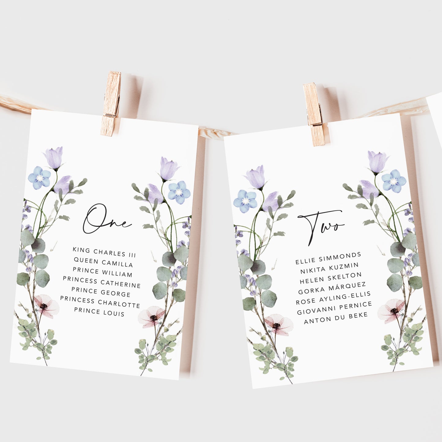 Periwinkle Floral Wedding Seating Plan Cards