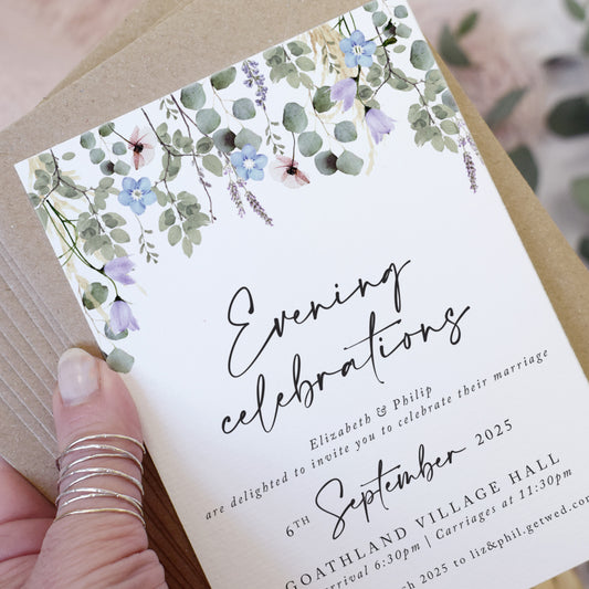 Periwinkle Foliage Evening Wedding Invitations