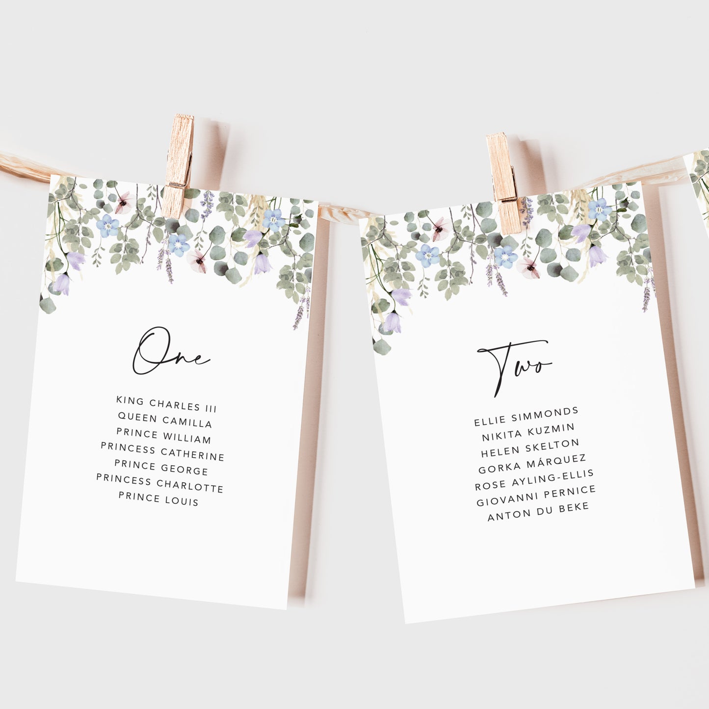 Periwinkle Foliage Wedding Seating Plan Cards