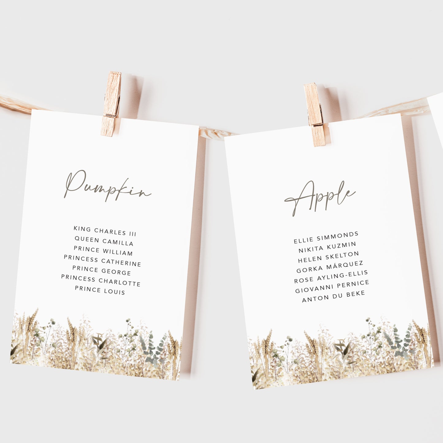 Whimsical Autumn Wedding Seating Plan Cards