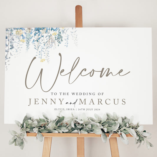 dusky blue wedding welcome sign
