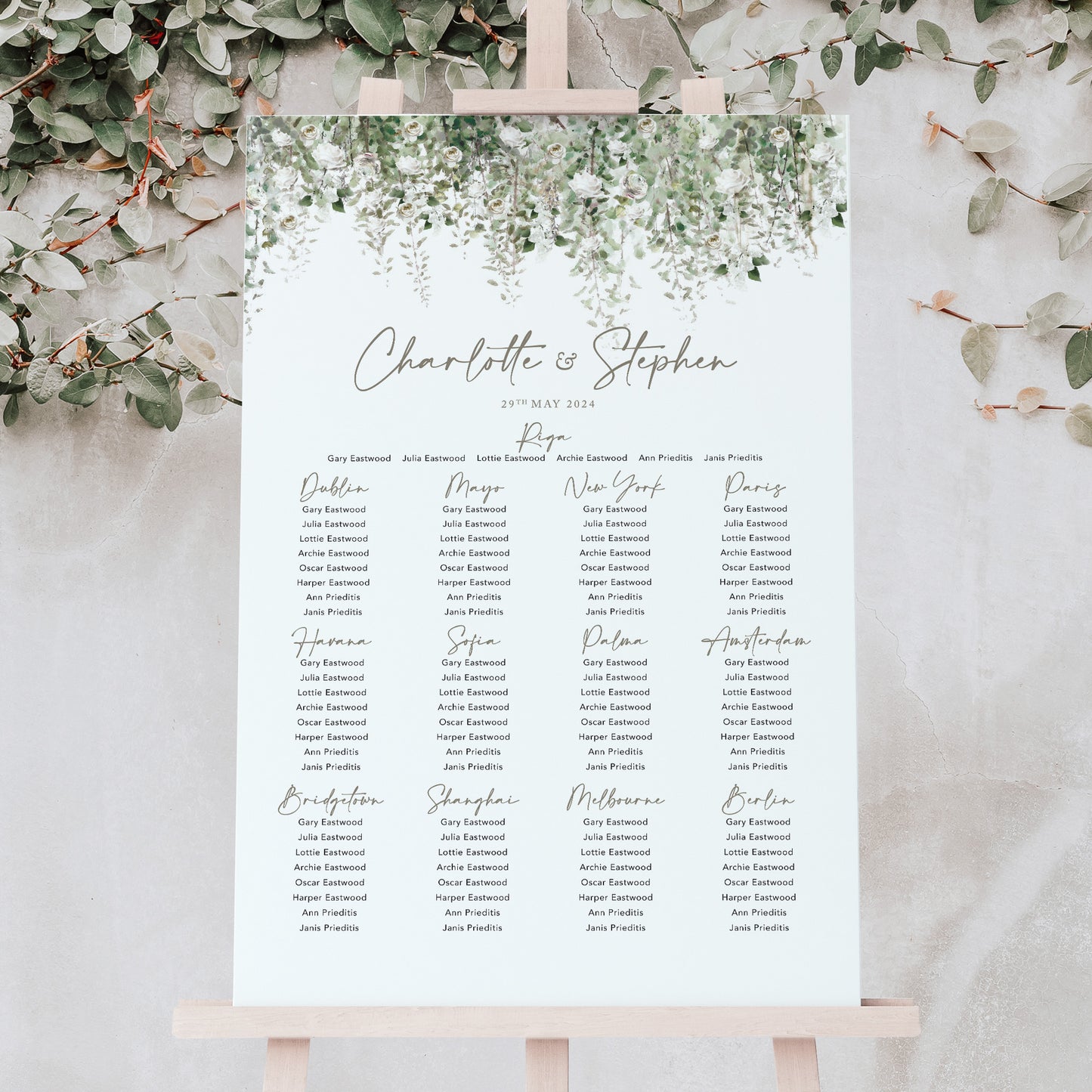 Foliage wedding table plan with sage green colour theme