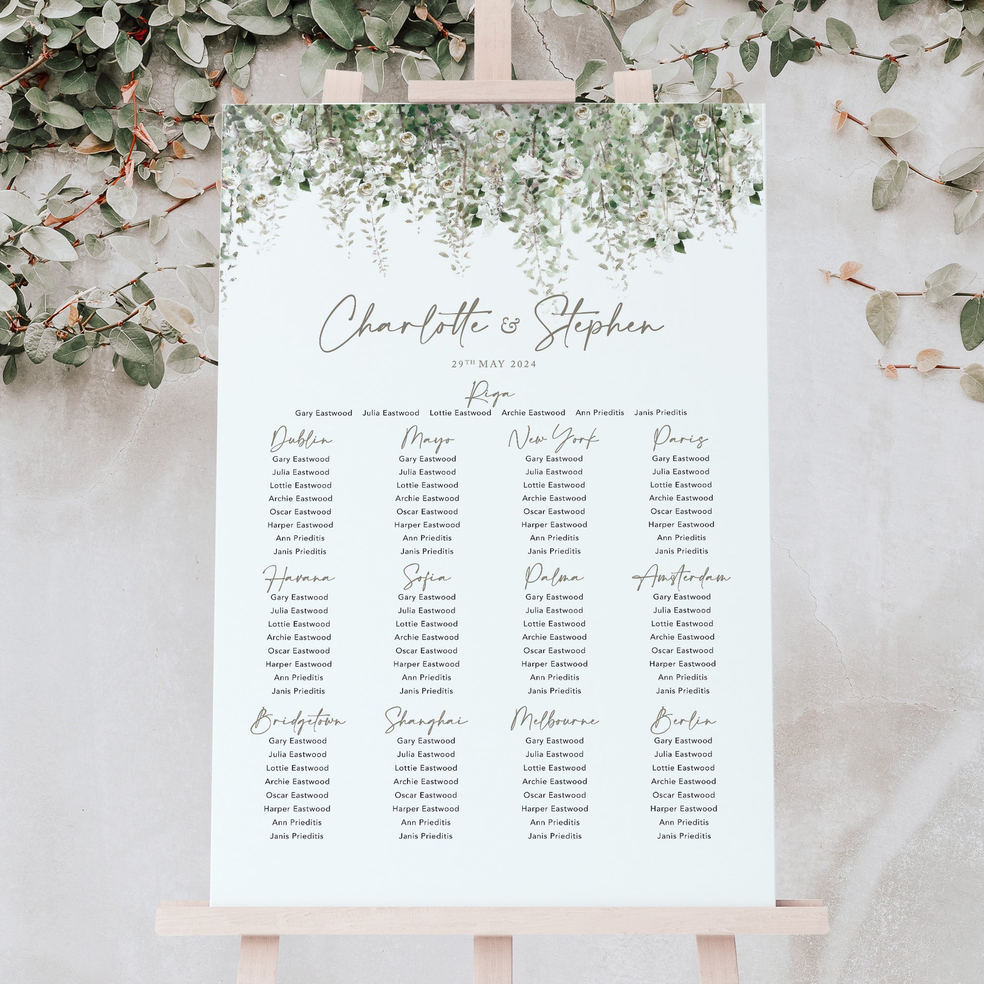 Foliage wedding table plan with sage green colour theme