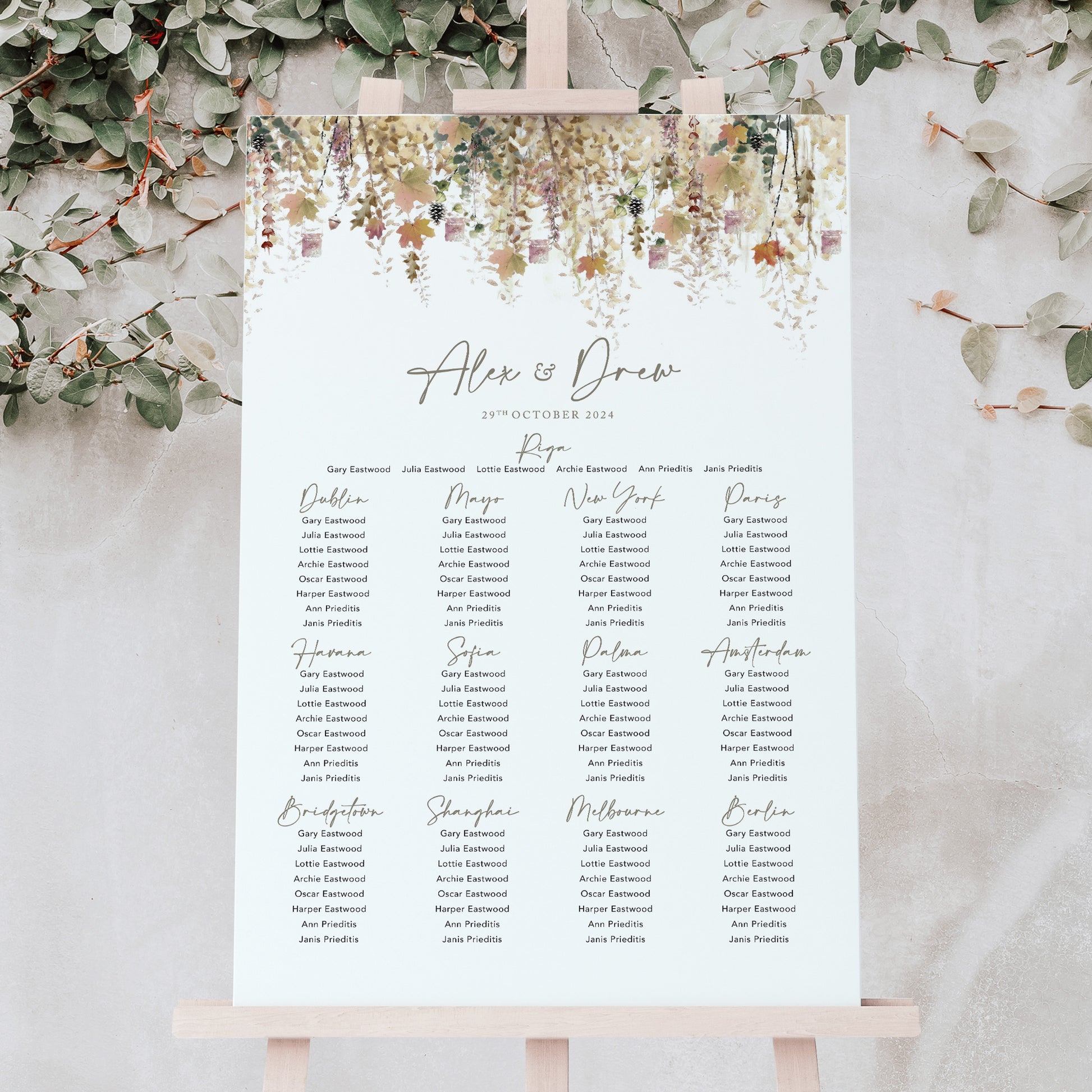 Burnt orange table plan for a rustic autumn wedding