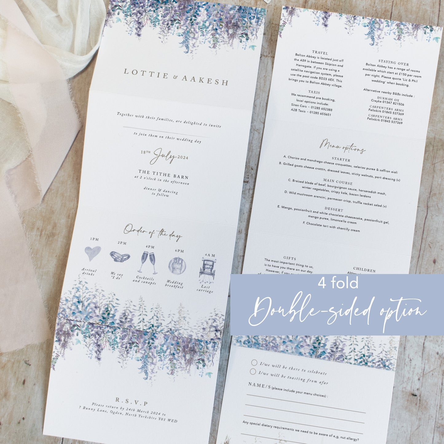purple all in one concertina wedding invites