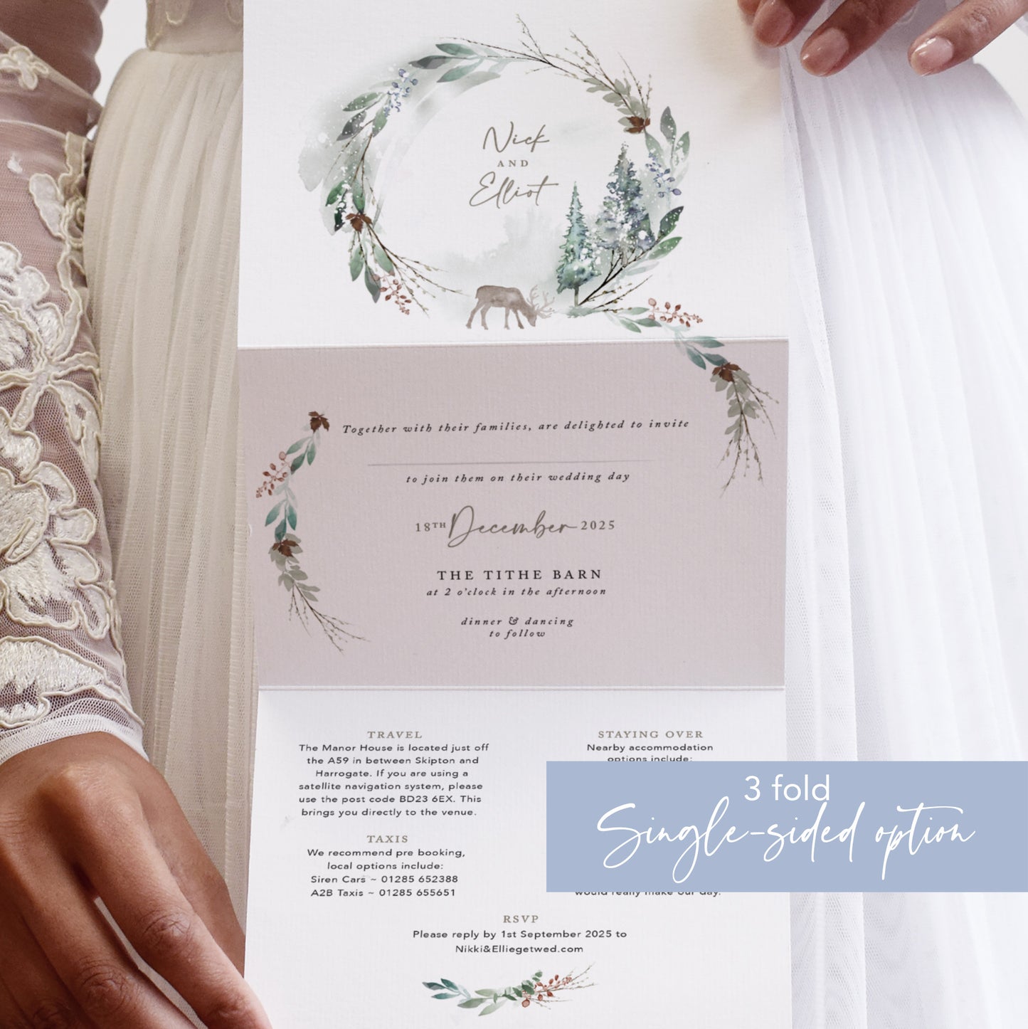 Winter Green 3 fold Concertina Wedding Invitation