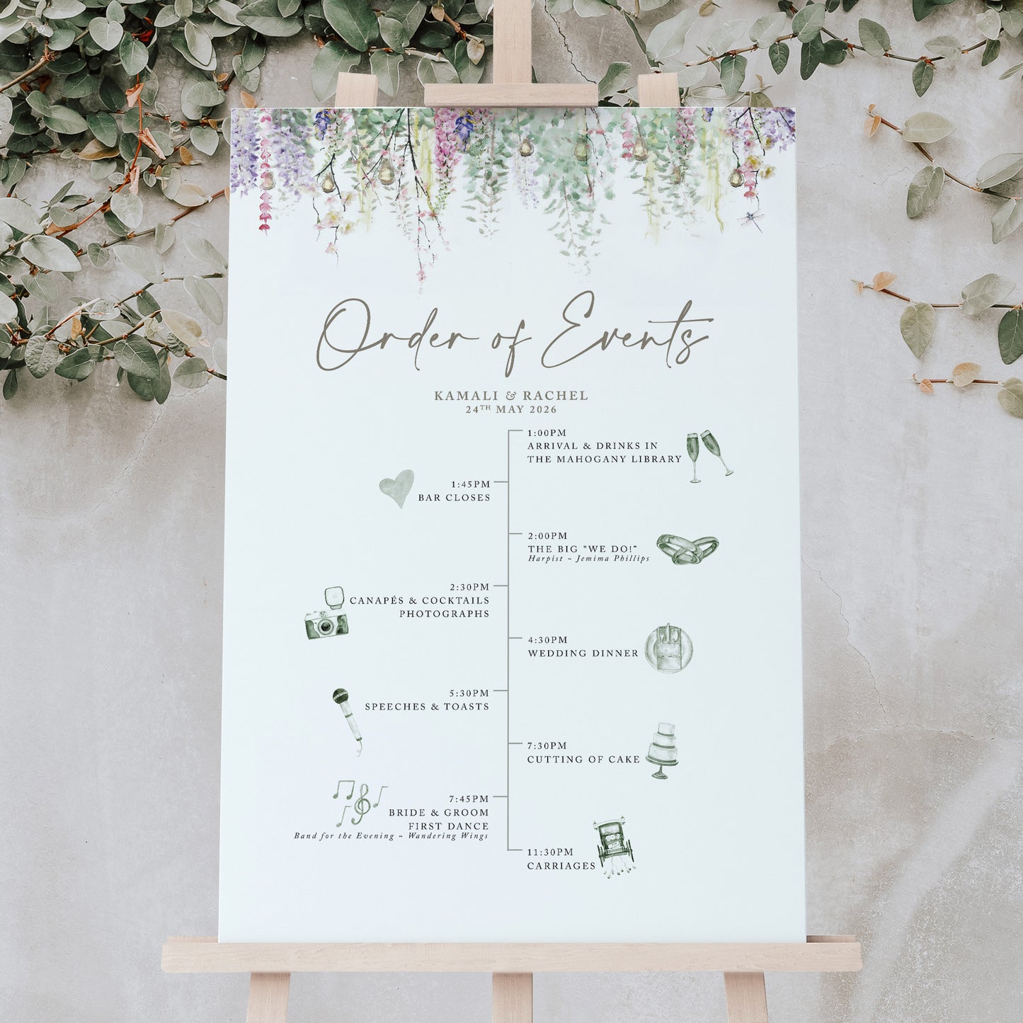 Illustrated wedding order of the day sign