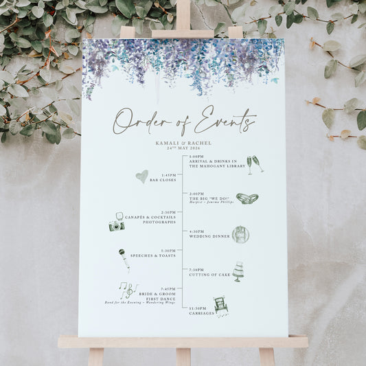 wedding Order of Events sign featuring an illustrated timeline