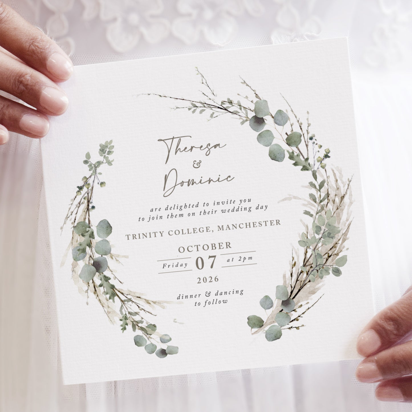 Willow Wreath Square Wedding Invitation