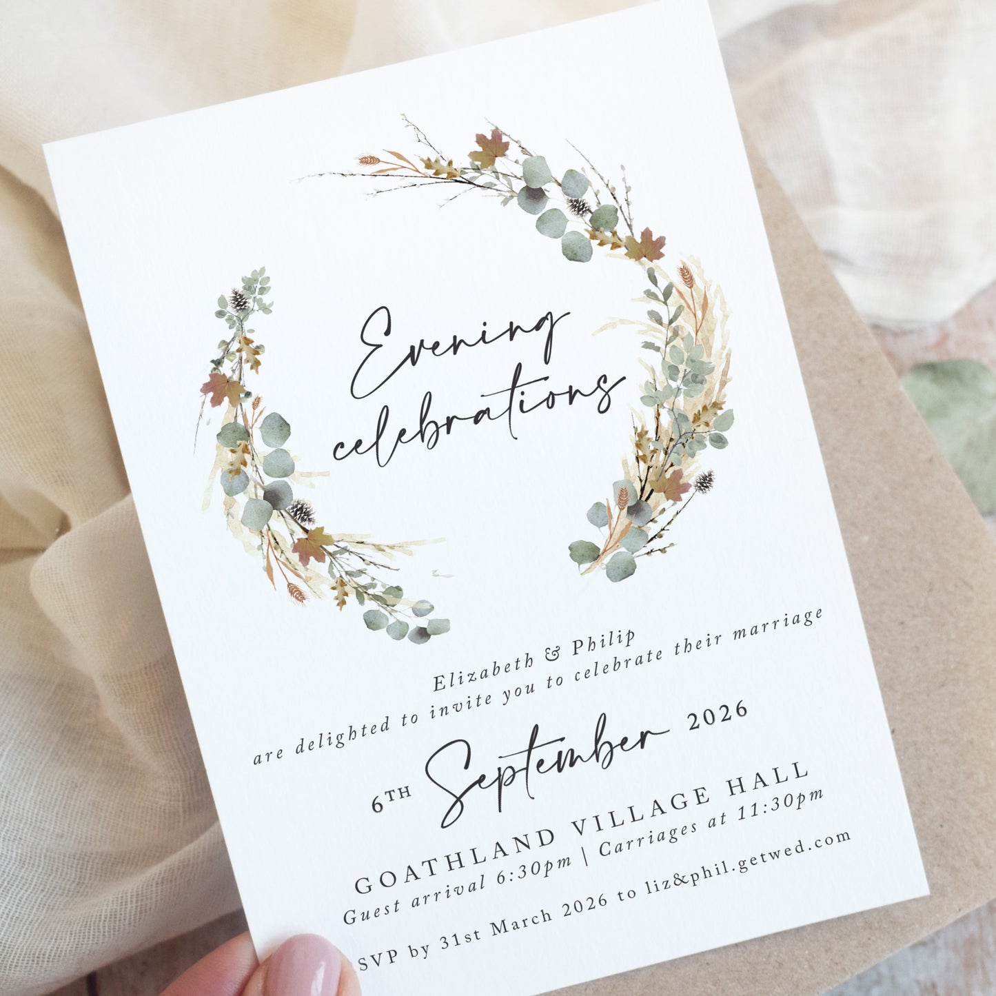 Autumn Willow Wreath Evening Wedding Invitations