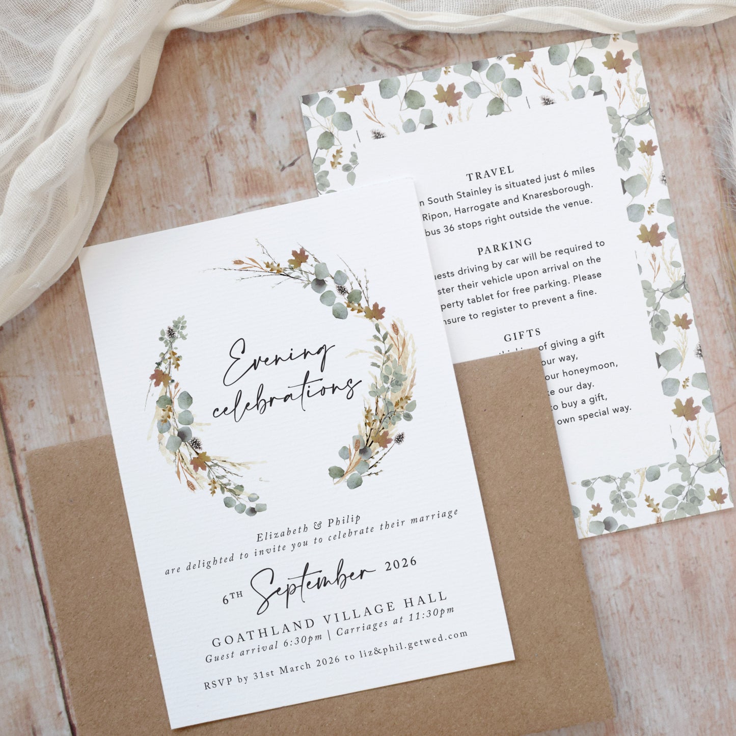 Autumn Willow Wreath Evening Wedding Invitations
