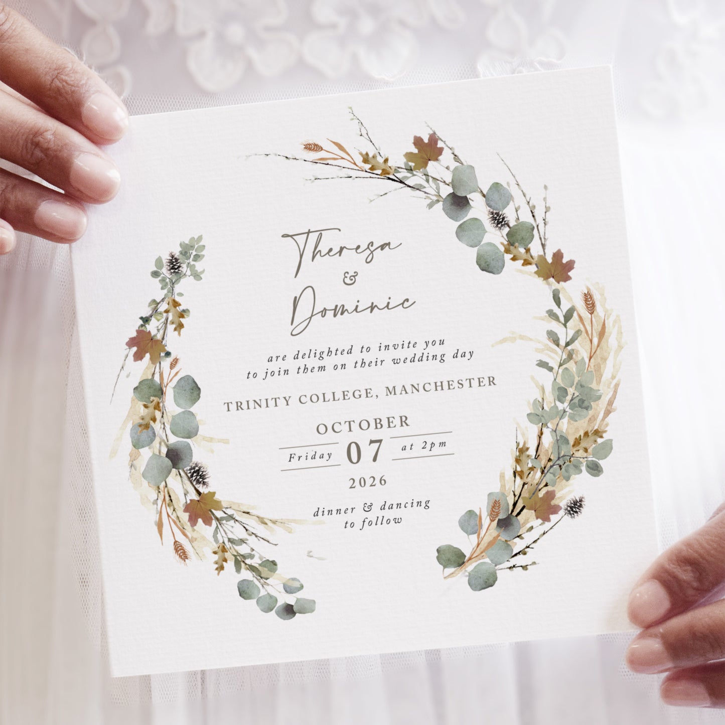 Autumn Willow Wreath Square Wedding Invitation