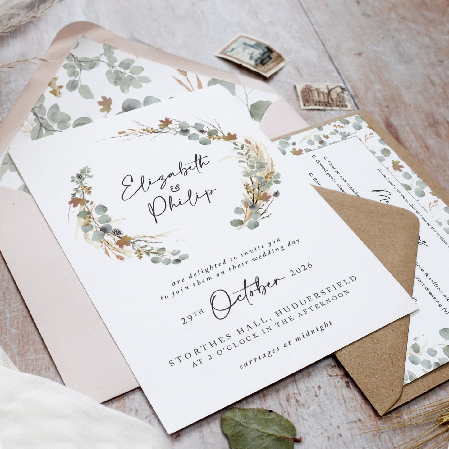 Autumn Willow Wreath Wedding Invitation