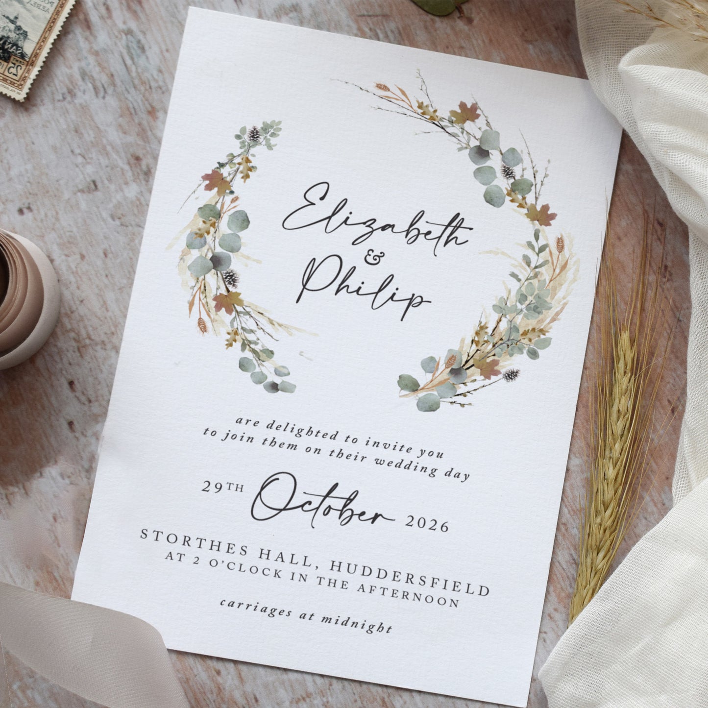 Autumn Willow Wreath Wedding Invitation