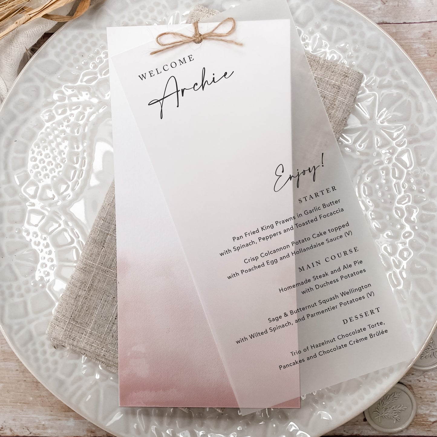 Dusky Pink Vellum Wedding Menu