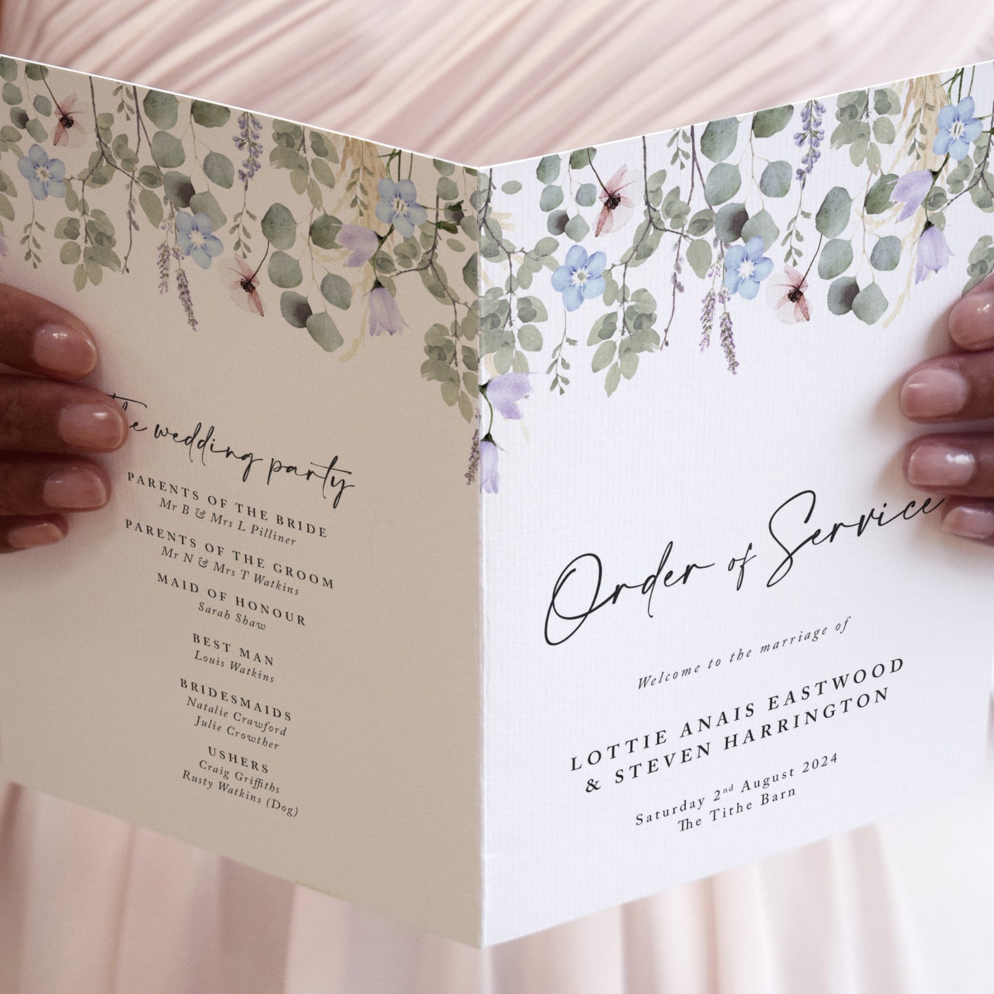 4 PAGE 'Periwinkle Foliage' Wedding Order of Service Booklet