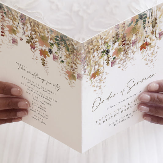 4 PAGE 'Whimsical Autumn' Wedding Order of Service Booklet