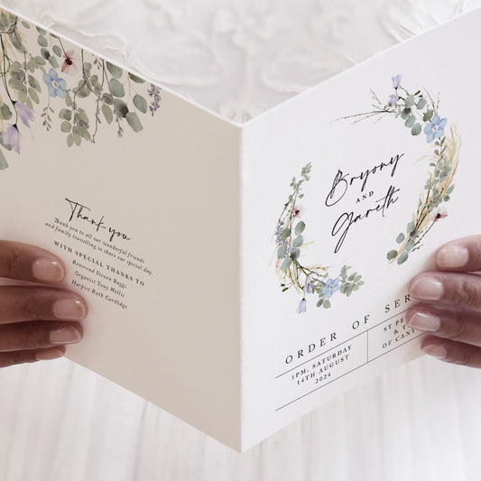 4 PAGE 'Periwinkle Wreath' Wedding Order of Service Booklet