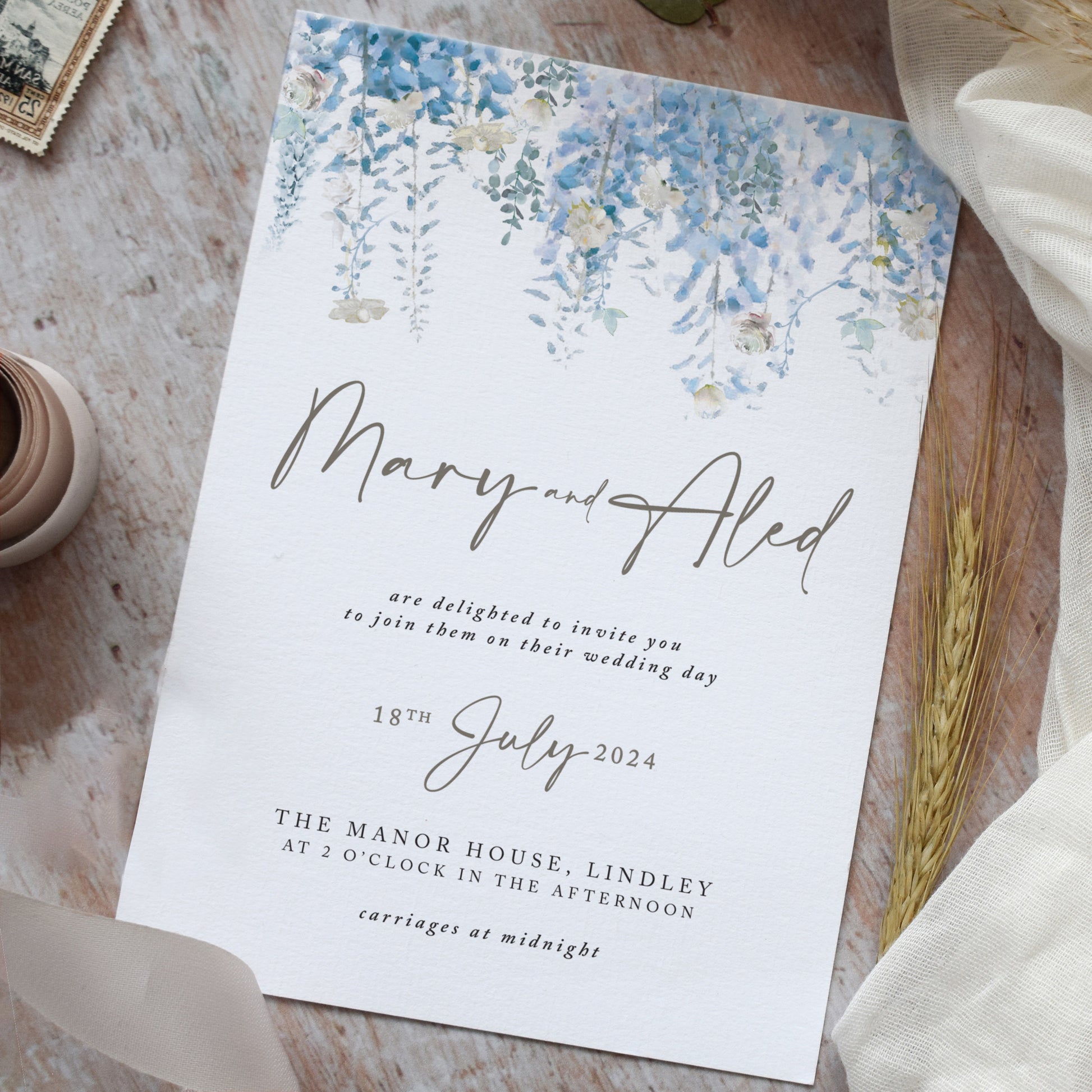 Dusky blue wedding invitations for a destination wedding
