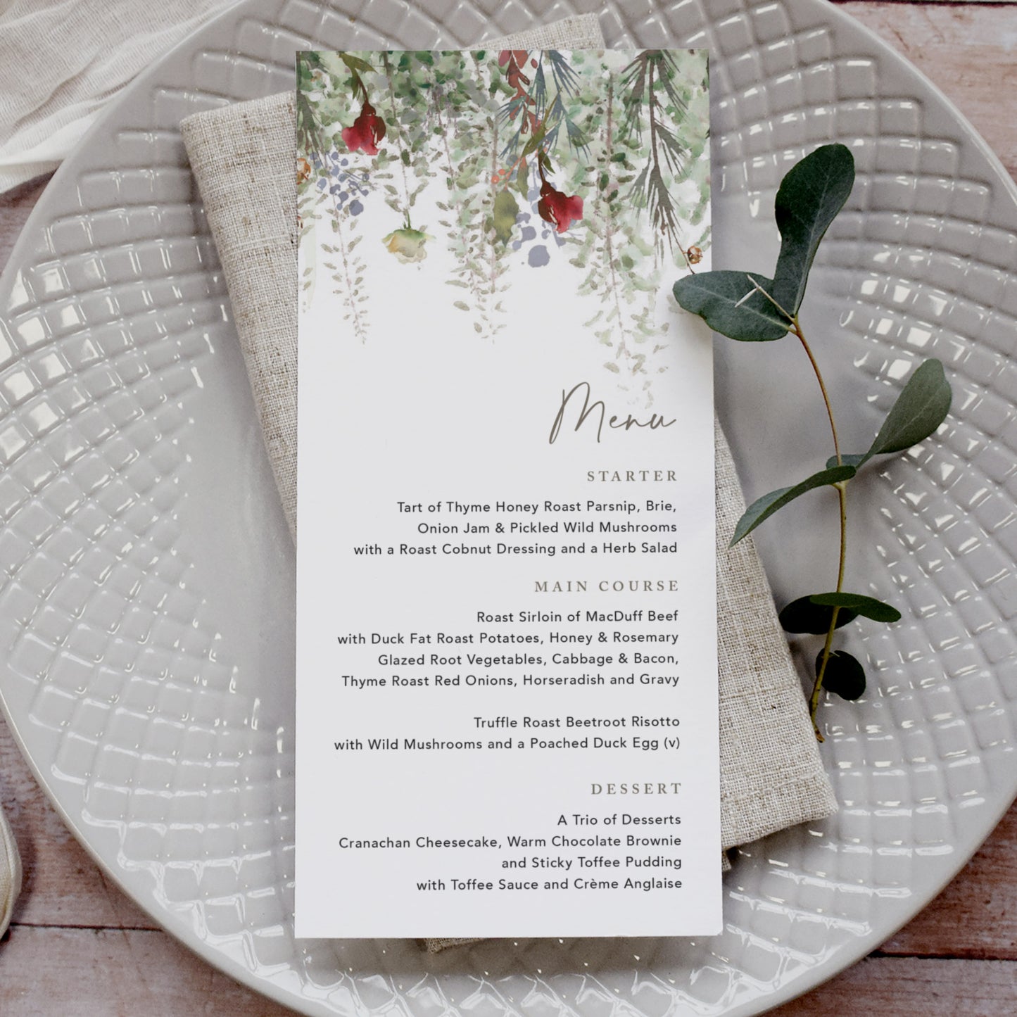Whimsical Noel Wedding Menu Cards