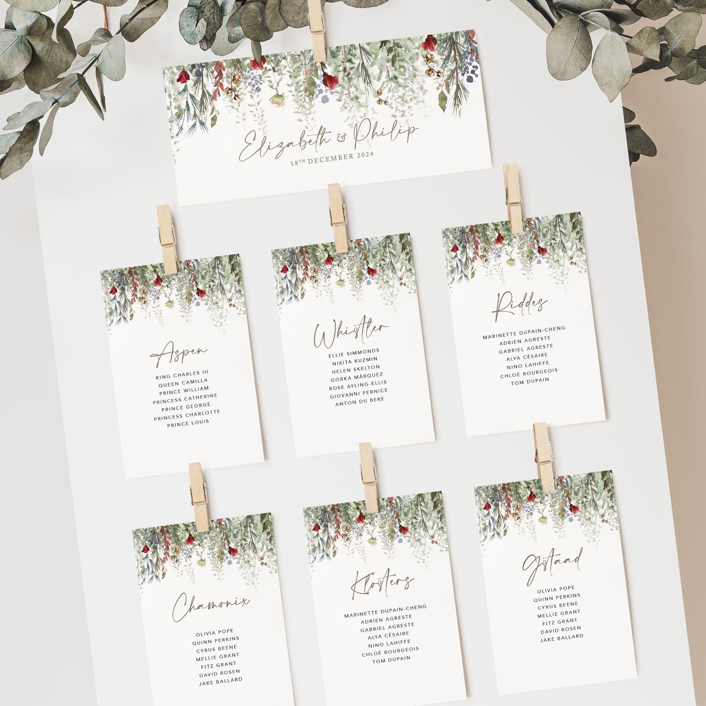 Whimsical Noel Wedding Seating Plan Cards