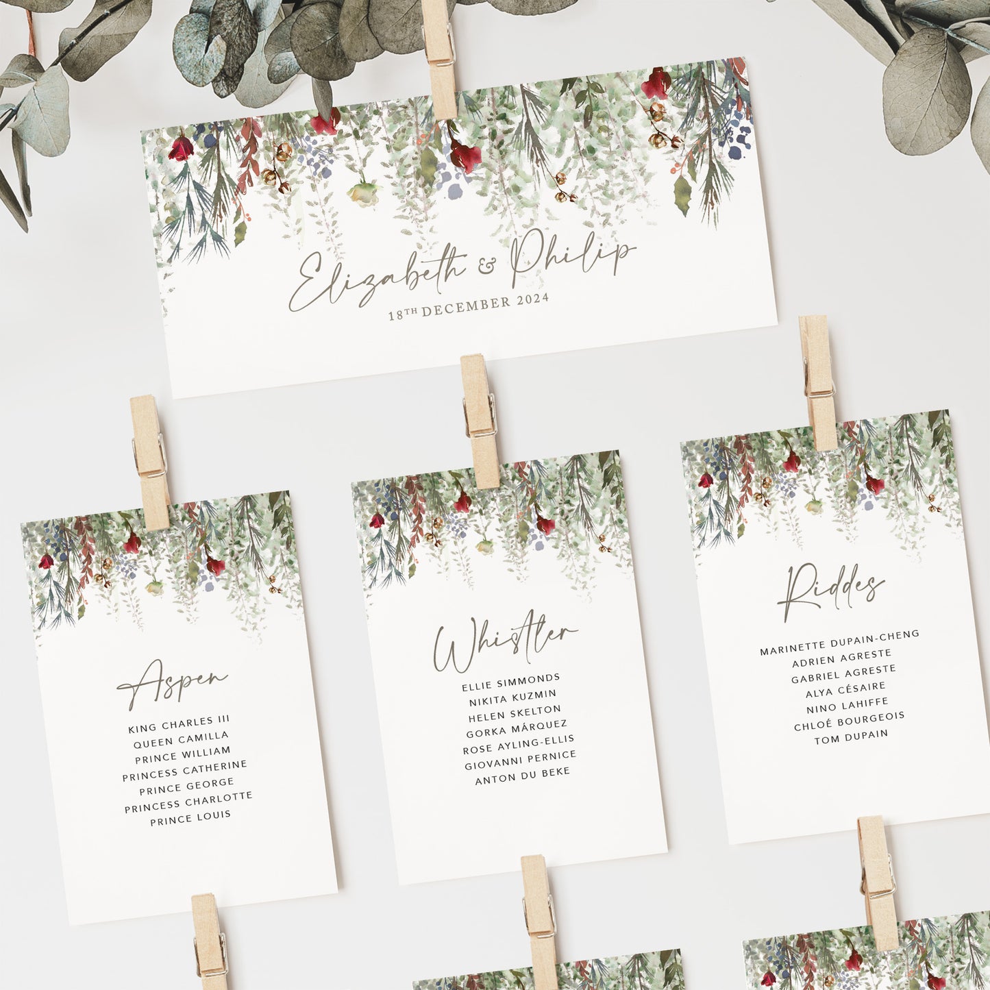 Whimsical Noel Wedding Seating Plan Cards