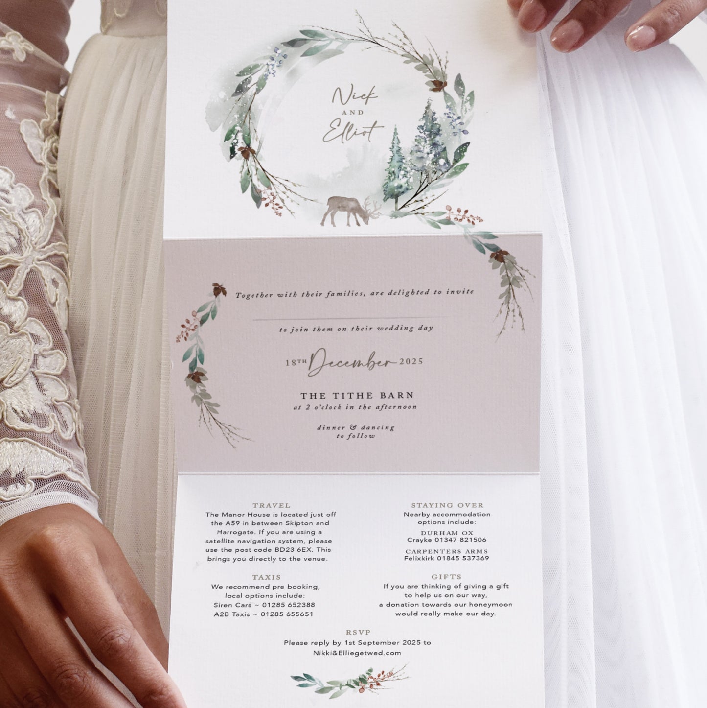 Winter Green 3 fold Concertina Wedding Invitation