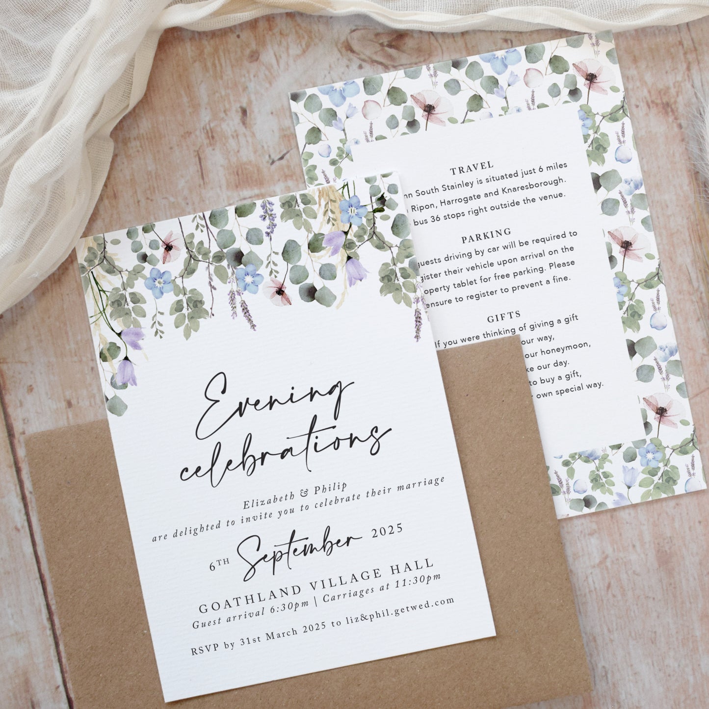 Periwinkle Foliage Evening Wedding Invitations