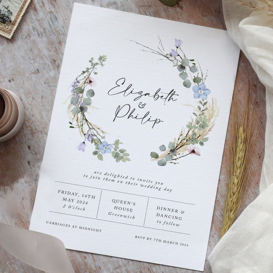 wildflower and sage green eucalyptus wedding invitations for a rustic wedding