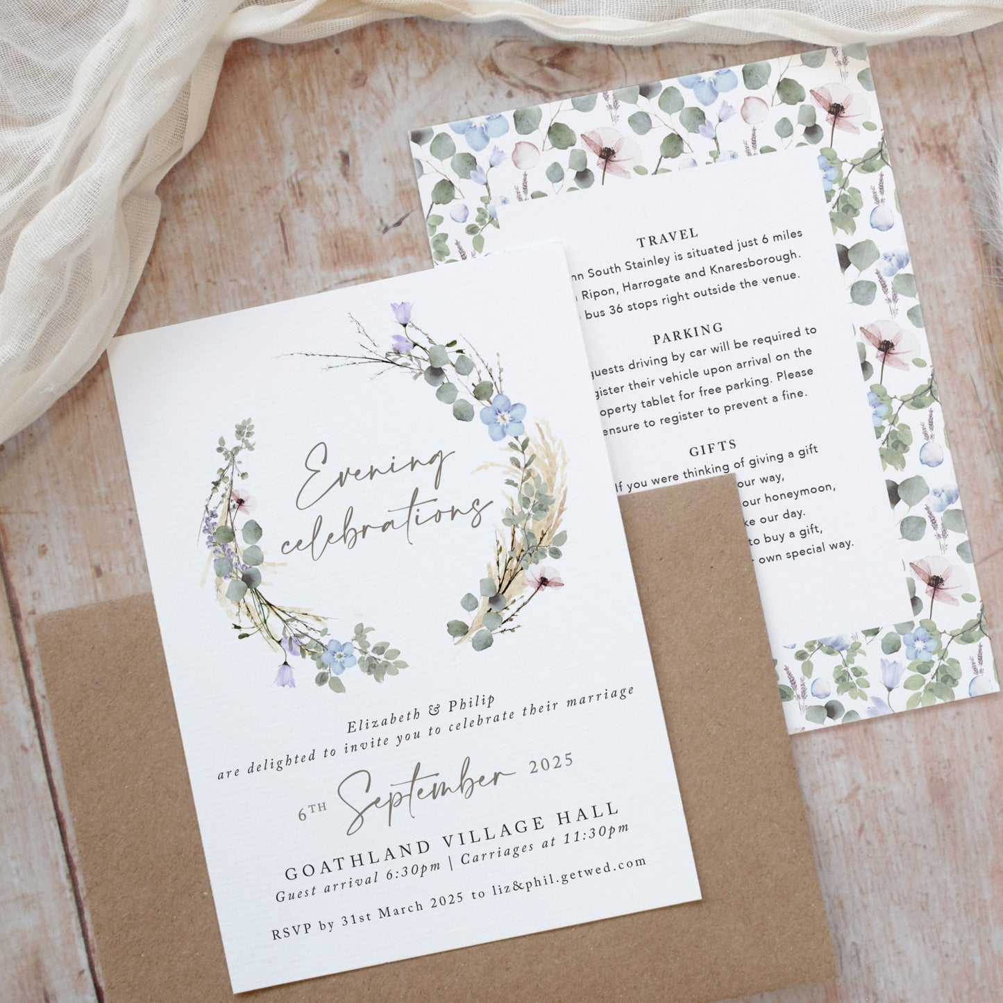 Periwinkle Wreath Evening Wedding Invitations