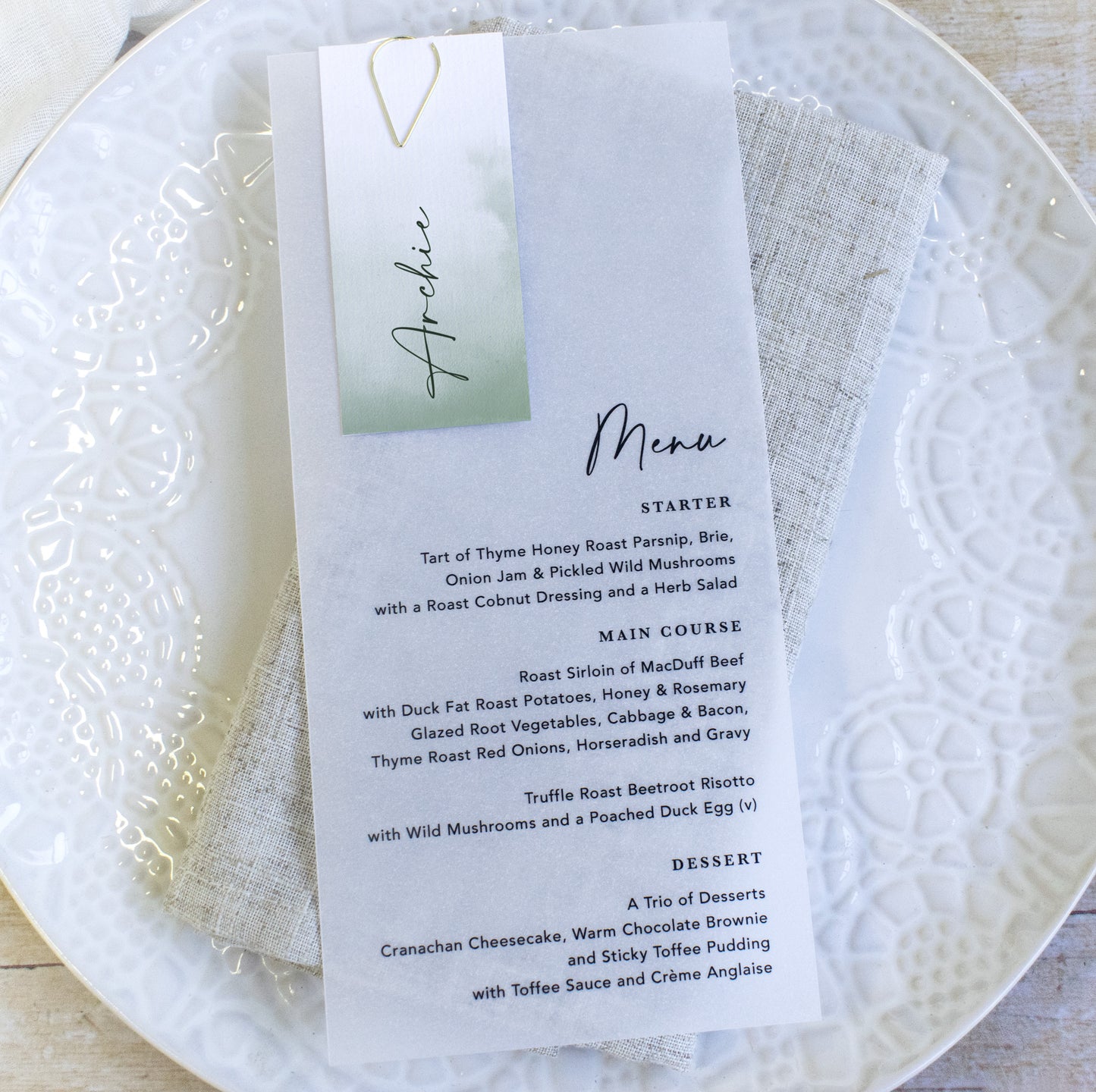 Sage Green Vellum Wedding Menu with Guest Name Tag