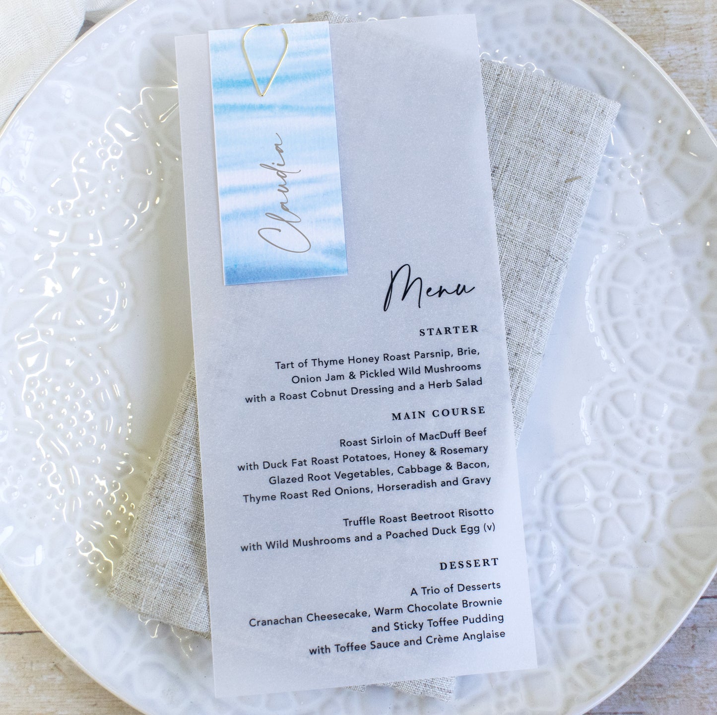 Ocean Road Vellum Wedding Menu with Guest Name Tag