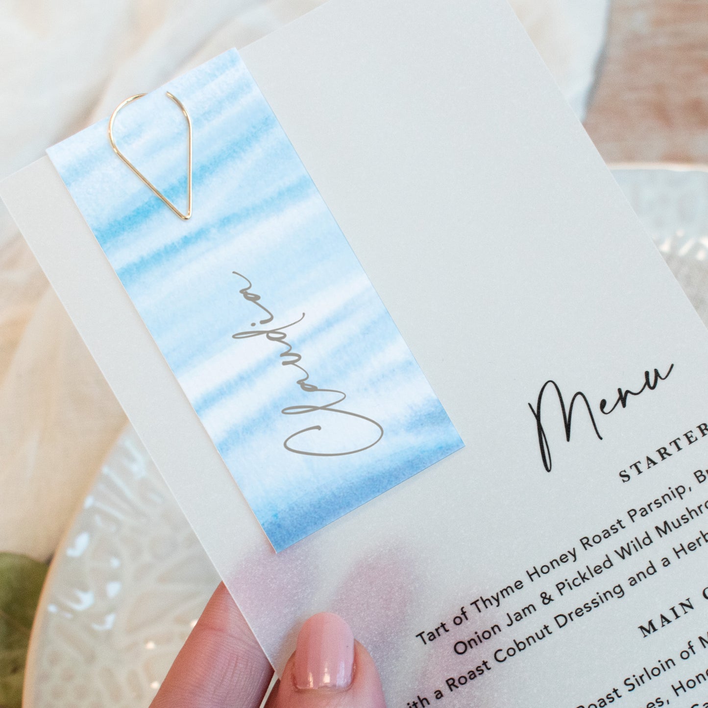 Ocean Road Vellum Wedding Menu with Guest Name Tag