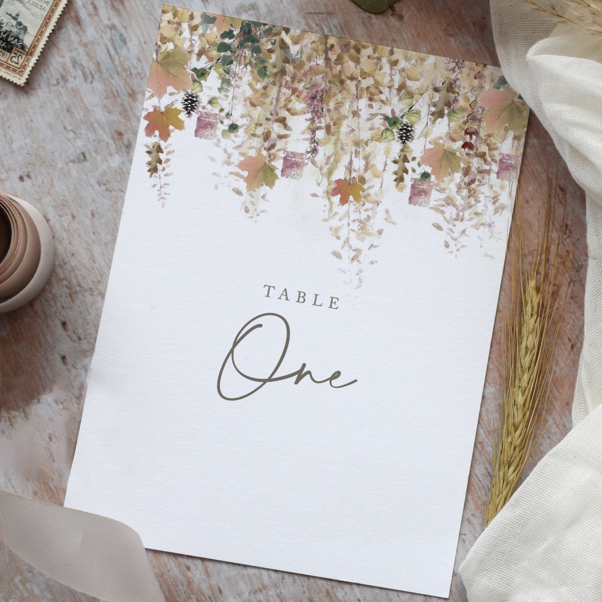 Wedding table number cards for an autumn wedding