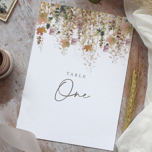 Wedding table number cards for an autumn wedding