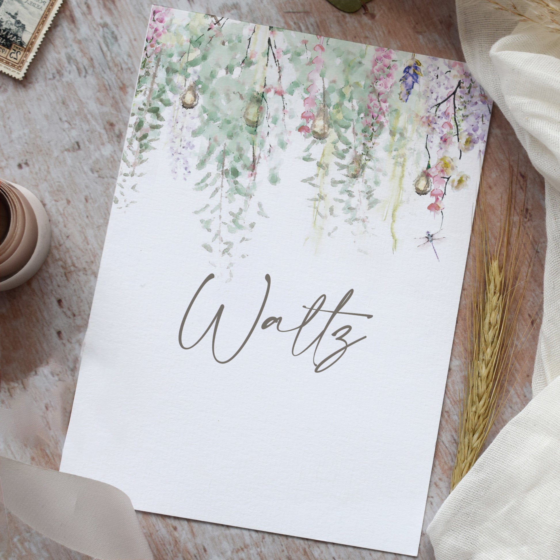 Personalised, printed table name cards for a spring wedding