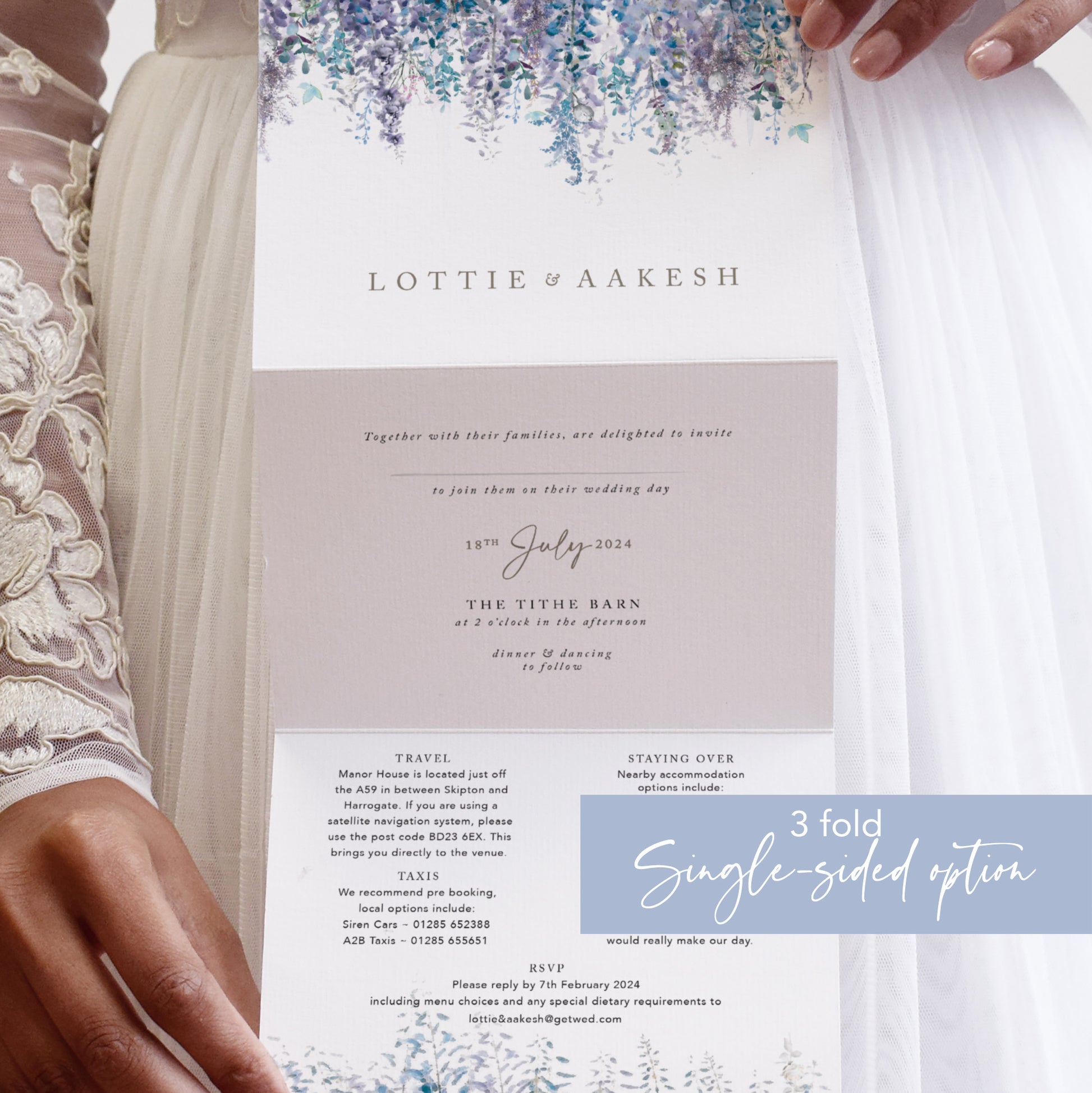 concertina wedding invites in a purple design