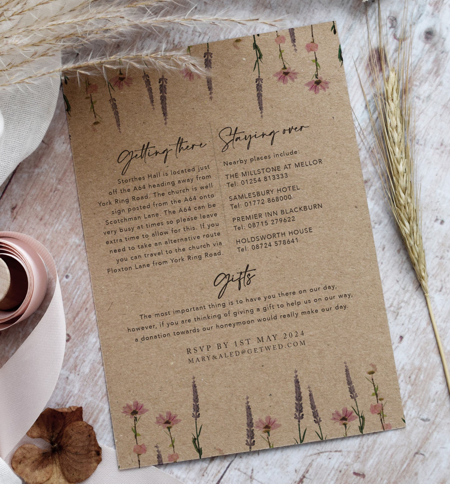 Wedding invitations printed onto Kraft card for a rustic wedding